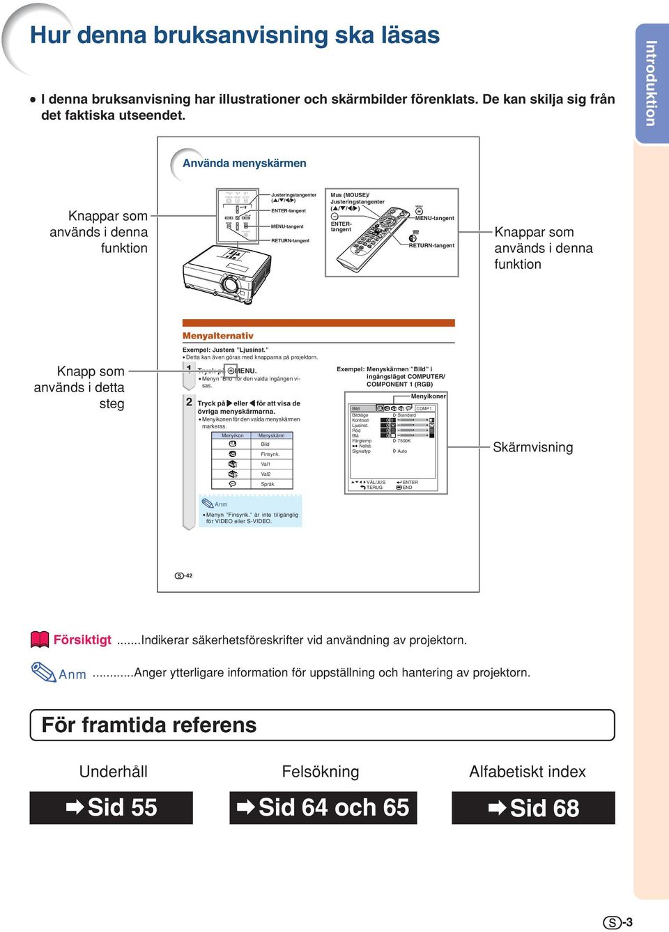 RETURN-tangent Knappar som används i denna funktion Menyalternativ Knapp som används i detta steg Exempel: Justera Ljusinst. Detta kan även göras med knapparna på projektorn. 1 Tryck på MENU.