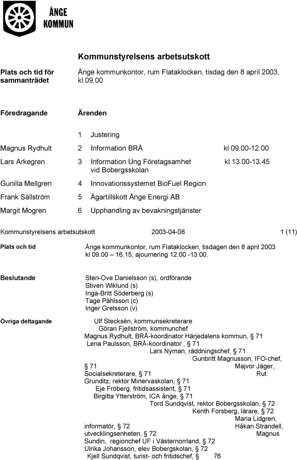 45 vid Bobergsskolan Gunilla Mellgren 4 Innovationssystemet BioFuel Region Frank Sällström 5 Ägartillskott Ånge Energi AB Margit Mogren 6 Upphandling av bevakningstjänster Kommunstyrelsens