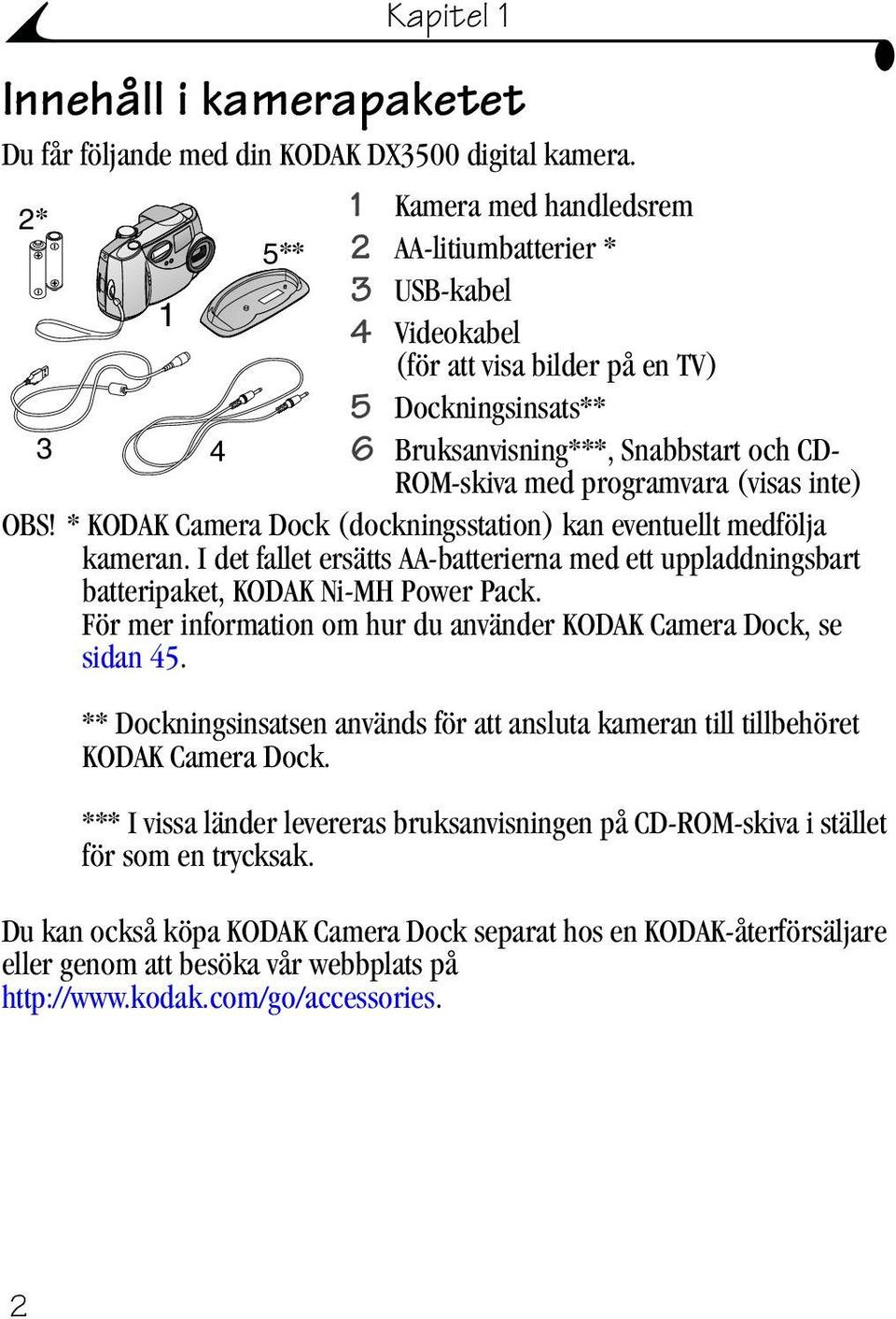 programvara (visas inte) OBS! * KODAK Camera Dock (dockningsstation) kan eventuellt medfölja kameran. I det fallet ersätts AA-batterierna med ett uppladdningsbart batteripaket, KODAK Ni-MH Power Pack.