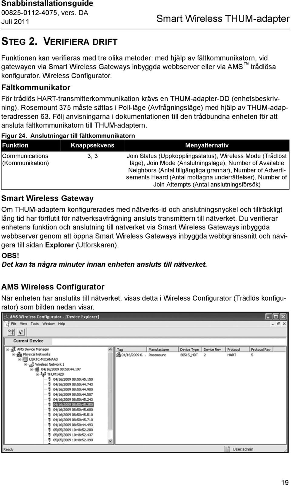 Wireless Configurator. Fältkommunikator För trådlös HART-transmitterkommunikation krävs en -DD (enhetsbeskrivning). Rosemount 375 måste sättas i Poll-läge (Avfrågningsläge) med hjälp av adressen 63.