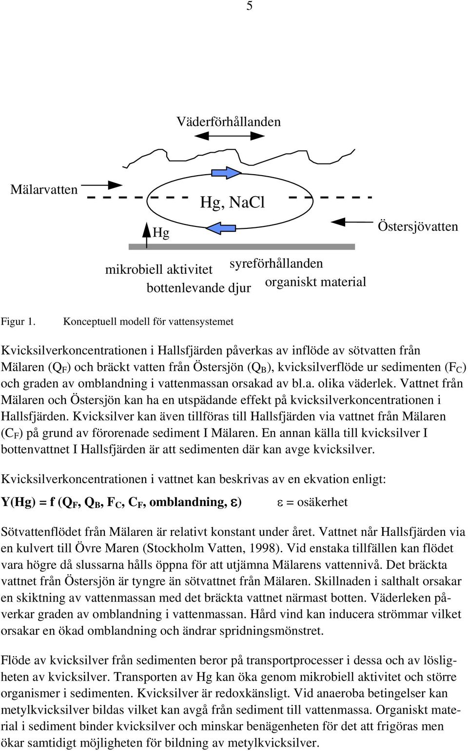 sedimenten (F C ) och graden av omblandning i vattenmassan orsakad av bl.a. olika väderlek. Vattnet från Mälaren och Östersjön kan ha en utspädande effekt på kvicksilverkoncentrationen i Hallsfjärden.