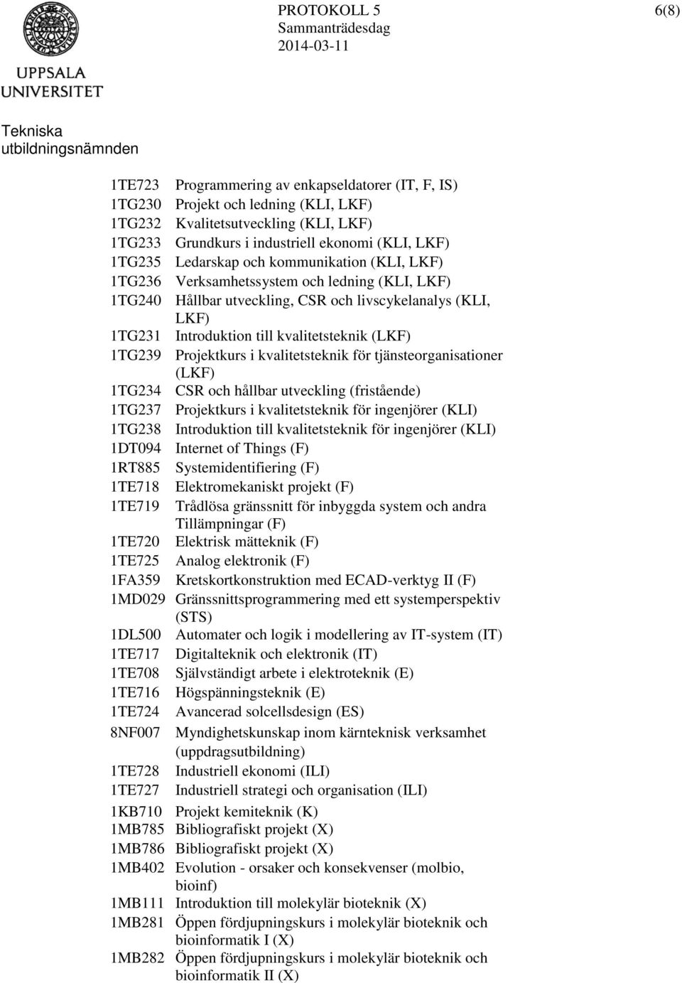 Projektkurs i kvalitetsteknik för tjänsteorganisationer (LKF) 1TG234 CSR och hållbar utveckling (fristående) 1TG237 Projektkurs i kvalitetsteknik för ingenjörer (KLI) 1TG238 Introduktion till