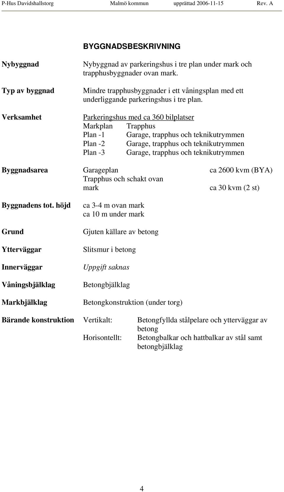 Parkeringshus med ca 360 bilplatser Markplan Trapphus Plan -1 Garage, trapphus och teknikutrymmen Plan -2 Garage, trapphus och teknikutrymmen Plan -3 Garage, trapphus och teknikutrymmen Byggnadsarea