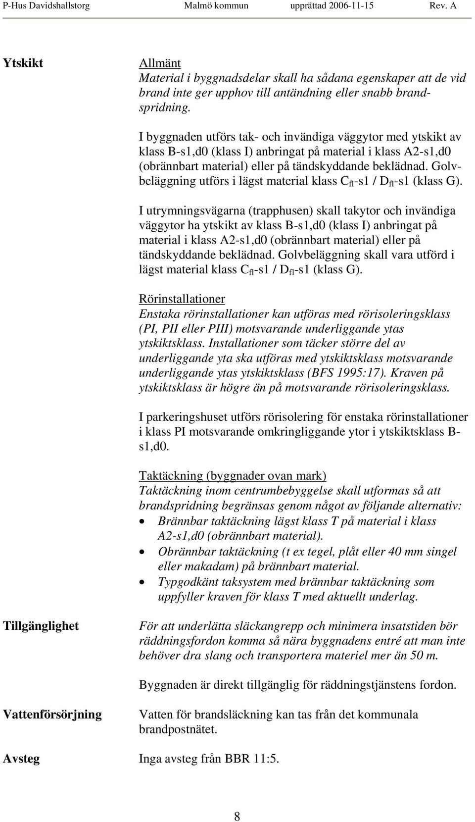 Golvbeläggning utförs i lägst material klass C fl -s1 / D fl -s1 (klass G).