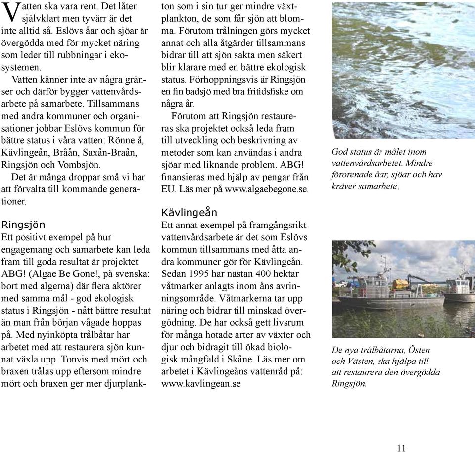 Tillsammans med andra kommuner och organisationer jobbar Eslövs kommun för bättre status i våra vatten: Rönne å, Kävlingeån, Bråån, Saxån-Braån, Ringsjön och Vombsjön.
