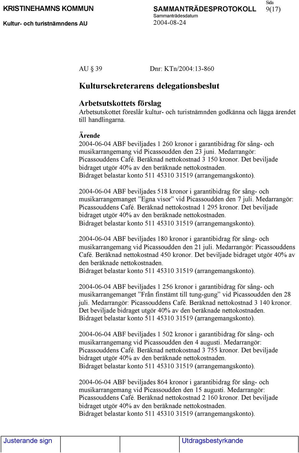 Det beviljade bidraget utgör 40% av den beräknade nettokostnaden. 2004-06-04 ABF beviljades 518 kronor i garantibidrag för sång- och musikarrangemanget Egna visor vid Picassoudden den 7 juli.