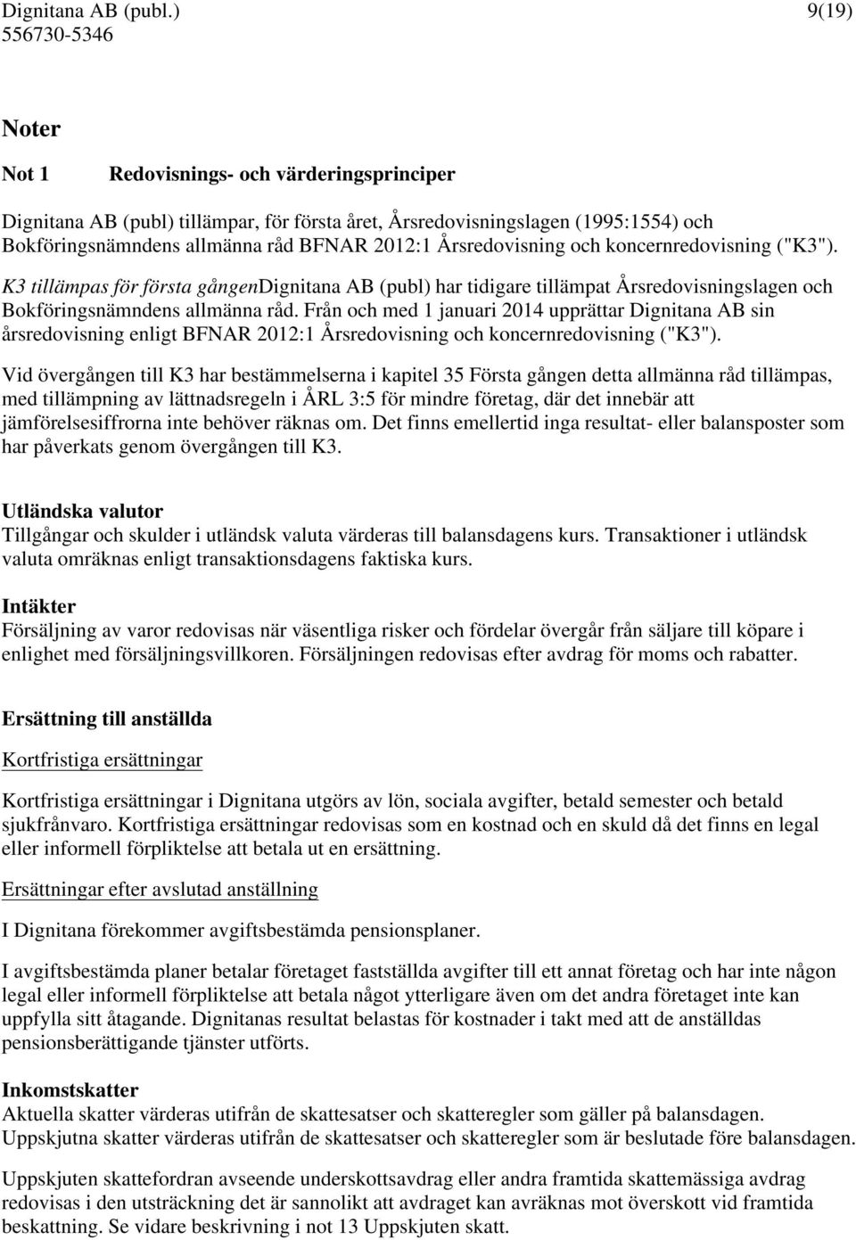 Från och med 1 januari 2014 upprättar Dignitana AB sin årsredovisning enligt BFNAR 2012:1 Årsredovisning och koncernredovisning ("K3").