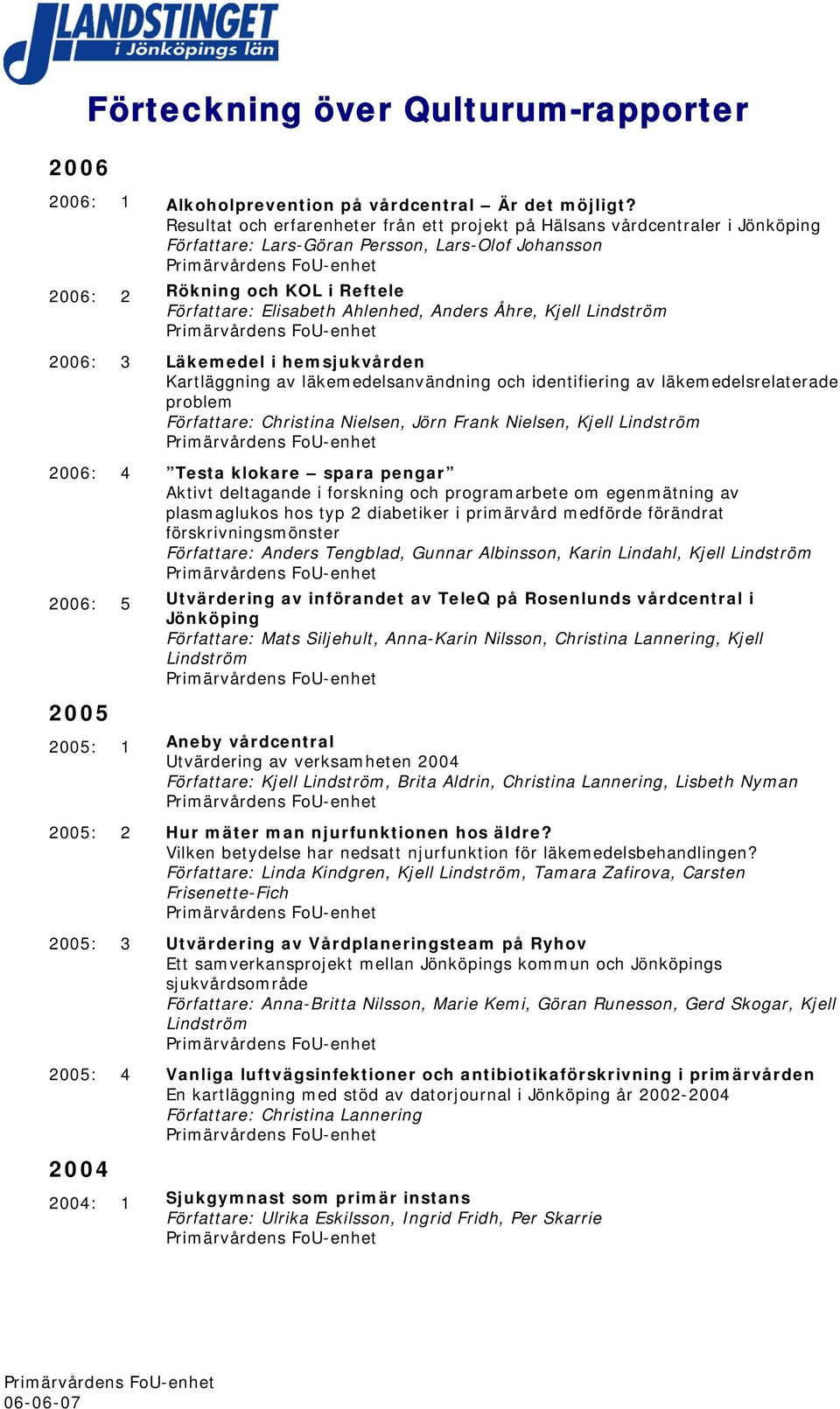 Anders Åhre, Kjell Lindström 2006: 3 Läkemedel i hemsjukvården Kartläggning av läkemedelsanvändning och identifiering av läkemedelsrelaterade problem Författare: Christina Nielsen, Jörn Frank