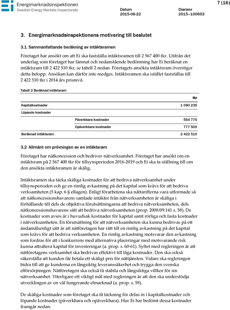 Ansökan kan därför inte medges. Intäktsramen ska istället fastställas till 2 422 510 tkr i 2014 års prisnivå.