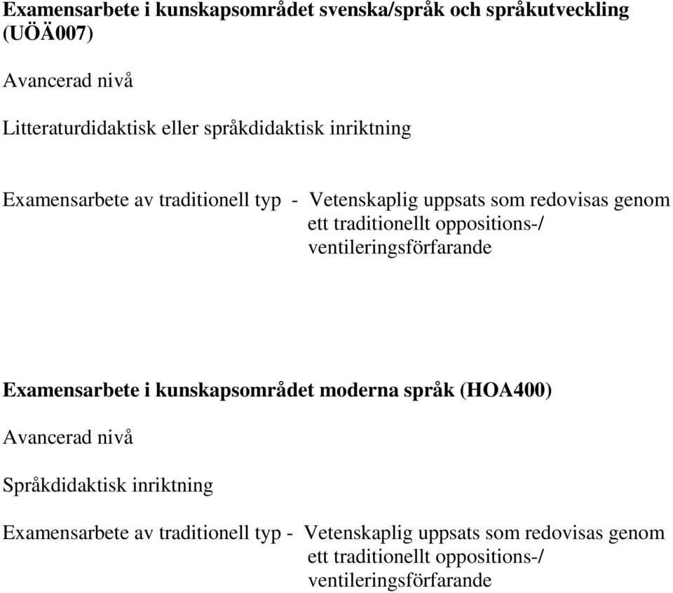 traditionellt oppositions-/ Examensarbete i kunskapsområdet moderna språk (HOA400) Avancerad nivå Språkdidaktisk