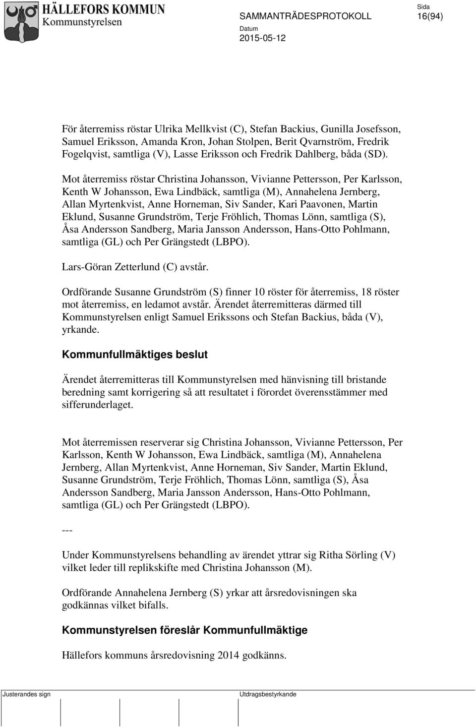 Mot återremiss röstar Christina Johansson, Vivianne Pettersson, Per Karlsson, Kenth W Johansson, Ewa Lindbäck, samtliga (M), Annahelena Jernberg, Allan Myrtenkvist, Anne Horneman, Siv Sander, Kari