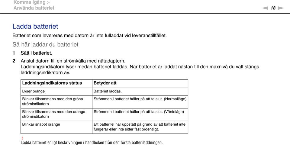 Laddningsindikatorns status Lyser orange Blinkar tillsammans med den gröna strömindikatorn Blinkar tillsammans med den orange strömindikatorn Blinkar snabbt orange Betyder att Batteriet laddas.