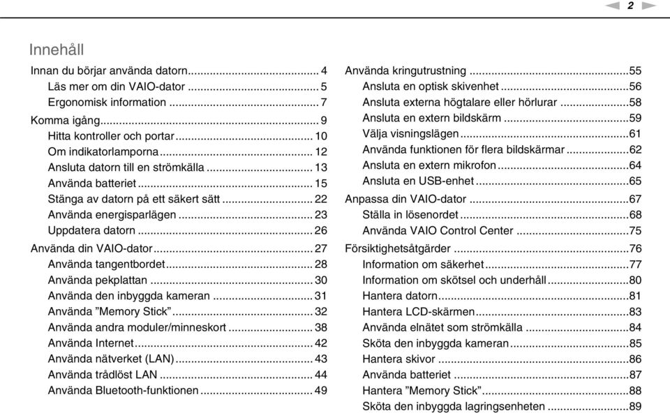 .. 27 Använda tangentbordet... 28 Använda pekplattan... 30 Använda den inbyggda kameran... 31 Använda Memory Stick... 32 Använda andra moduler/minneskort... 38 Använda Internet.