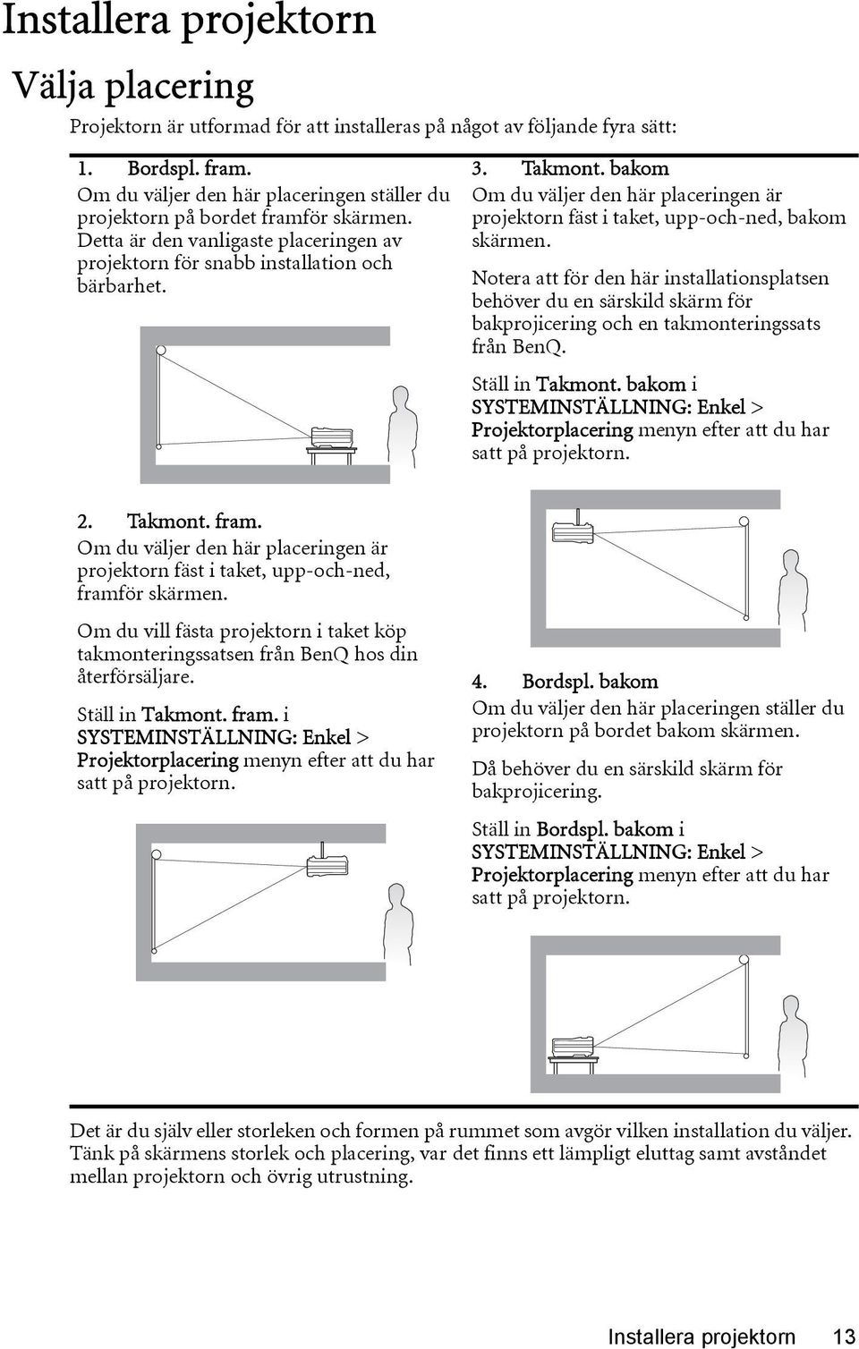 bakom Om du väljer den här placeringen är projektorn fäst i taket, upp-och-ned, bakom skärmen.