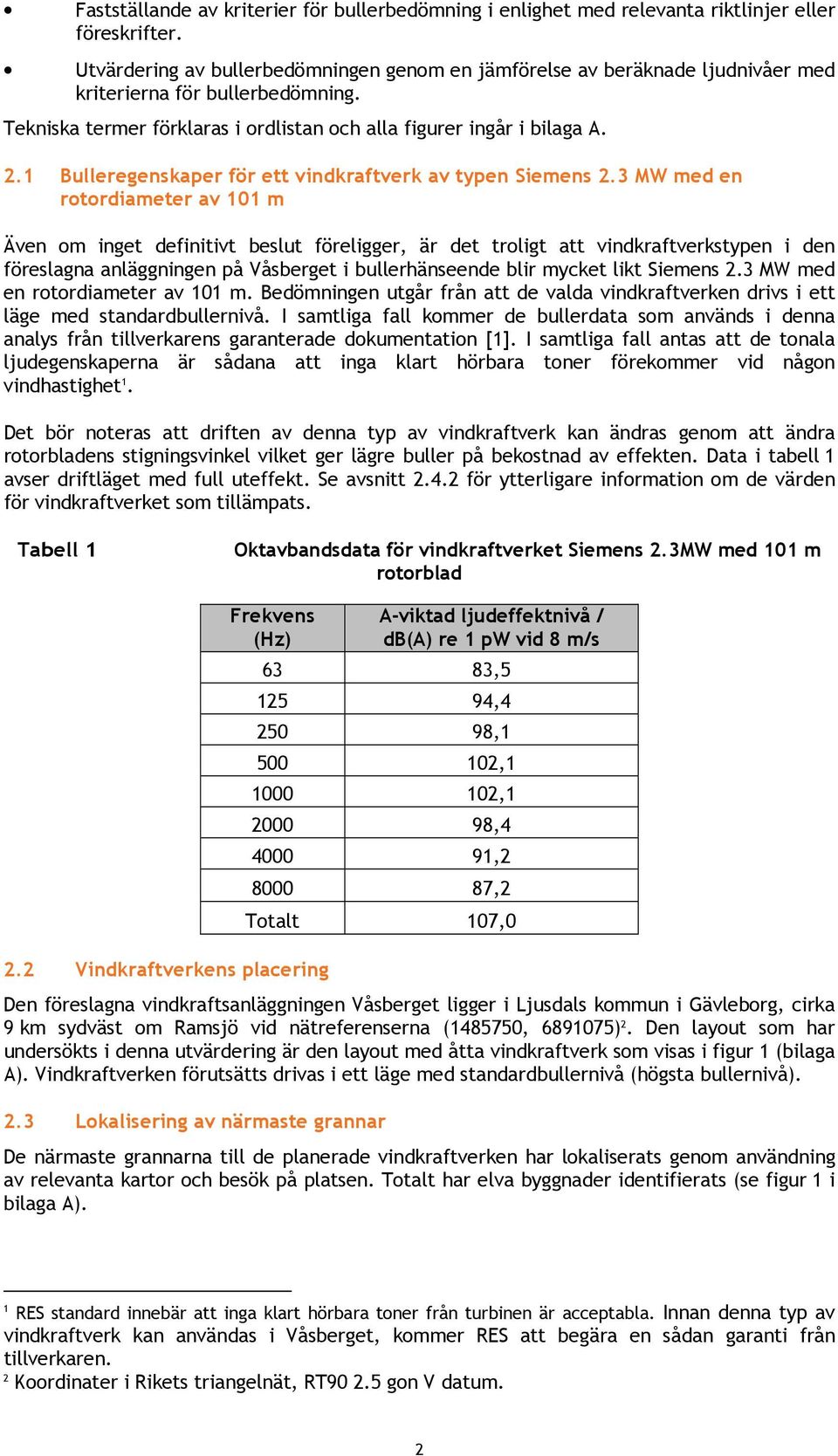 1 Bulleregenskaper för ett vindkraftverk av typen Siemens 2.