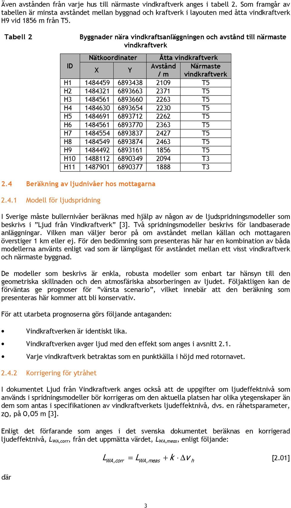 Tabell 2 Byggnader nära vindkraftsanläggningen och avstånd till närmaste vindkraftverk Nätkoordinater Åtta vindkraftverk ID Avstånd Närmaste X Y / m vindkraftverk H1 1484459 6893438 2109 T5 H2