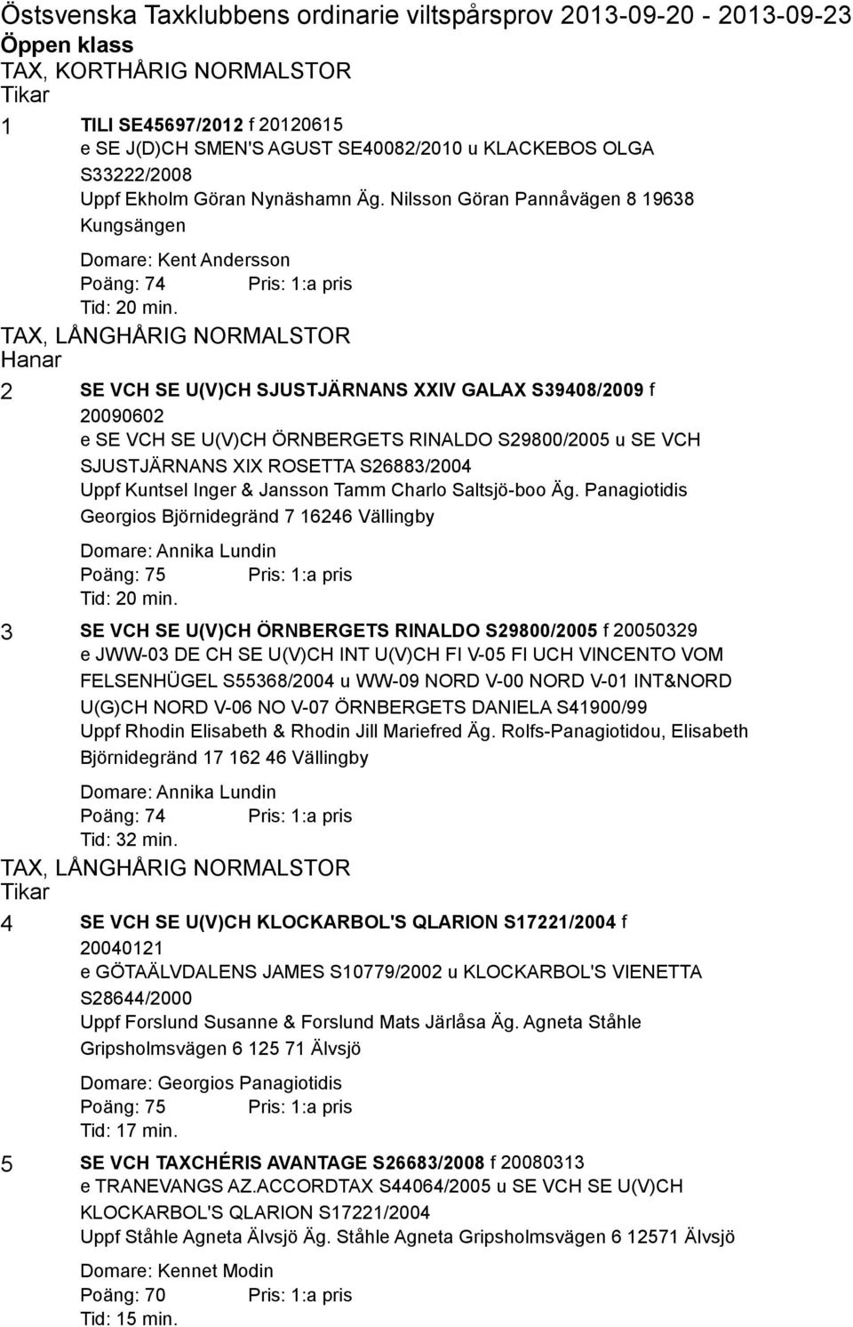 Nilsson Göran Pannåvägen 8 19638 Kungsängen Domare: Kent Andersson Poäng: 74 Pris: 1:a pris TAX, LÅNGHÅRIG NORMALSTOR Hanar 2 SE VCH SE U(V)CH SJUSTJÄRNANS XXIV GALAX S39408/2009 f 20090602 e SE VCH