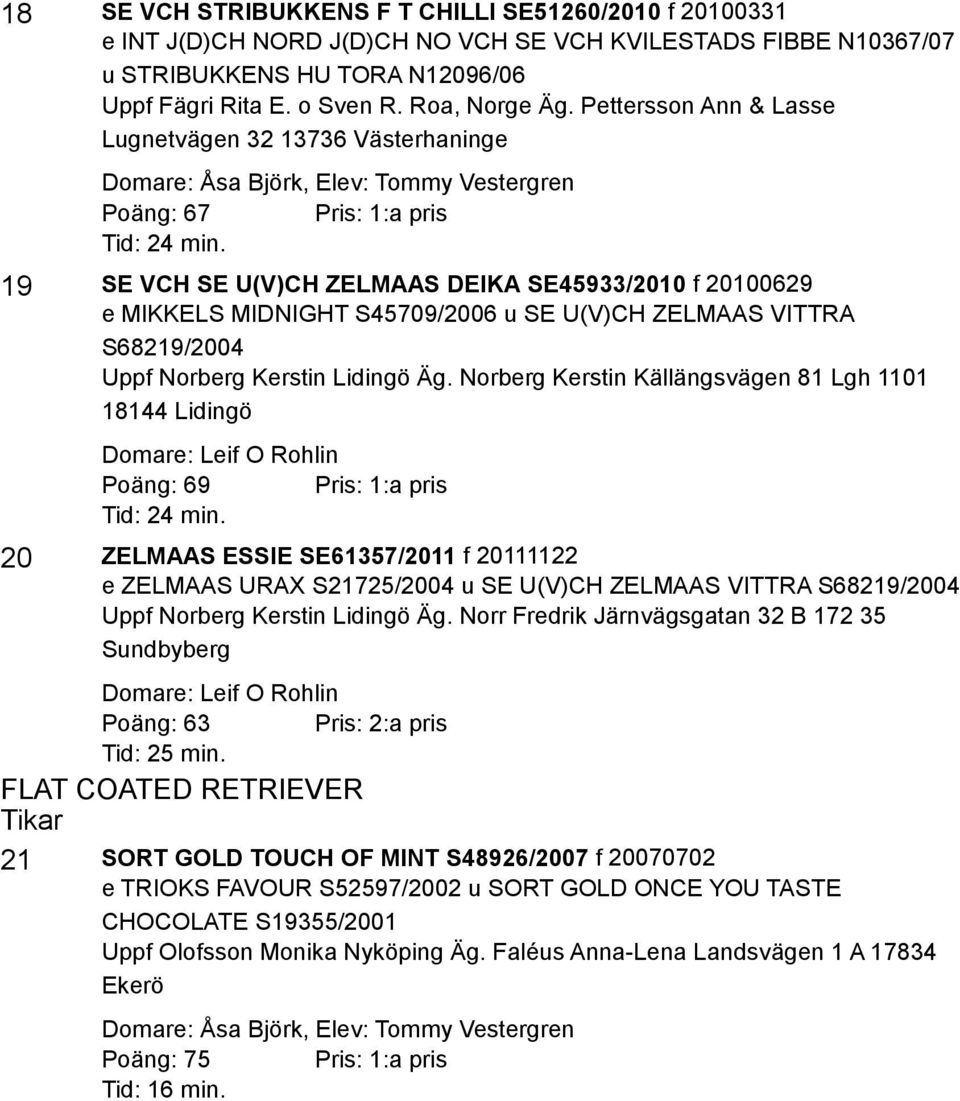 19 SE VCH SE U(V)CH ZELMAAS DEIKA SE45933/2010 f 20100629 e MIKKELS MIDNIGHT S45709/2006 u SE U(V)CH ZELMAAS VITTRA S68219/2004 Uppf Norberg Kerstin Lidingö Äg.
