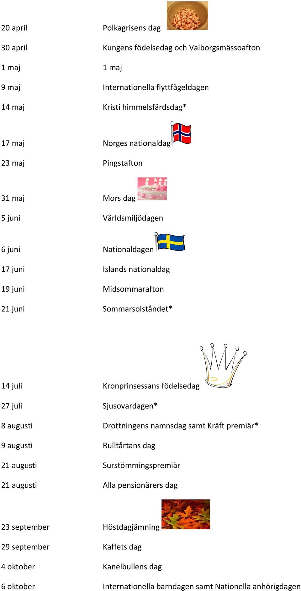 juli Kronprinsessans födelsedag 27 juli Sjusovardagen* 8 augusti Drottningens namnsdag samt Kräft premiär* 9 augusti Rulltårtans dag 21 augusti Surstömmingspremiär 21