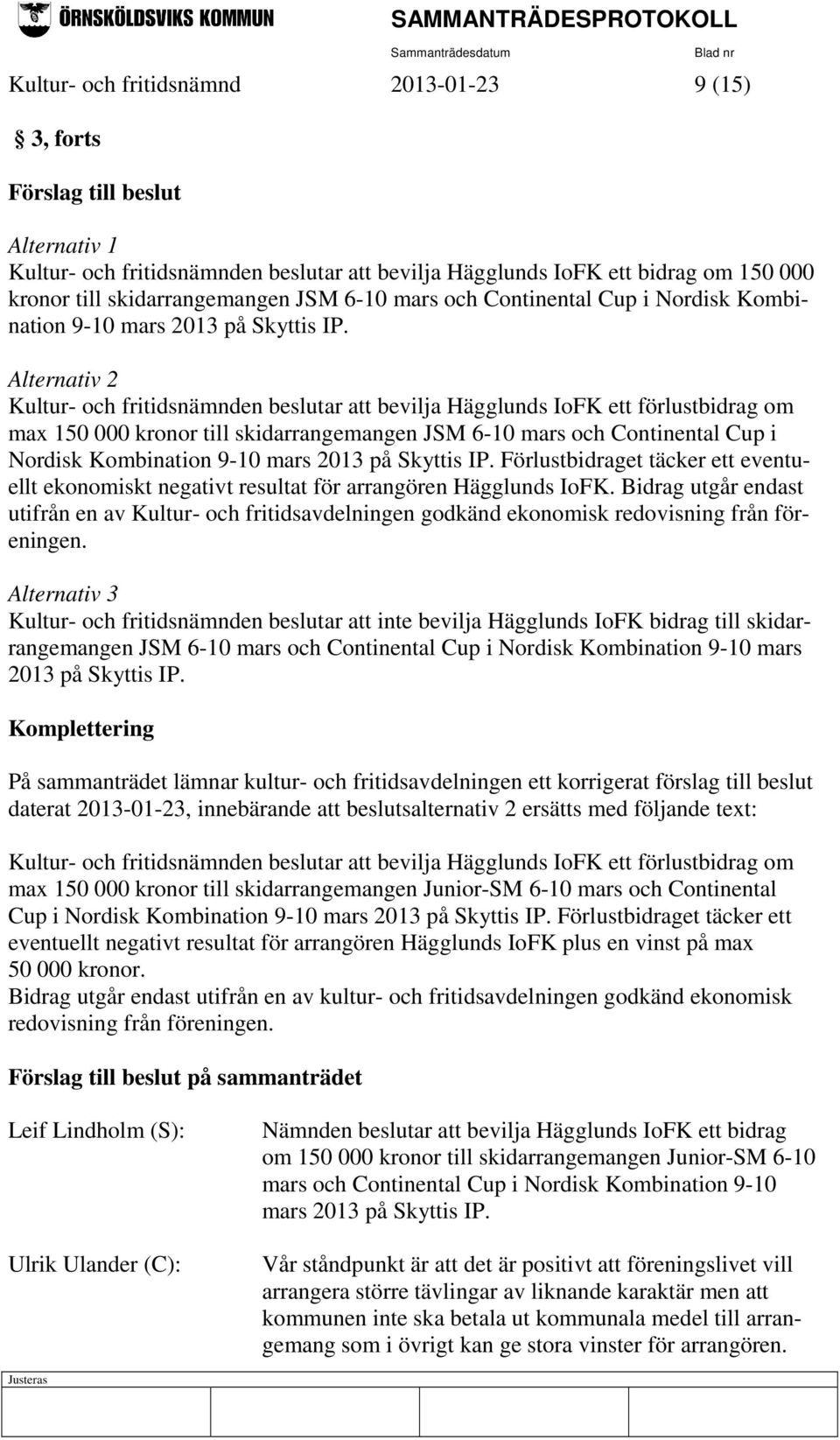 Alternativ 2 Kultur- och fritidsnämnden beslutar att bevilja Hägglunds IoFK ett förlustbidrag om max 150 000 kronor till skidarrangemangen  Förlustbidraget täcker ett eventuellt ekonomiskt negativt