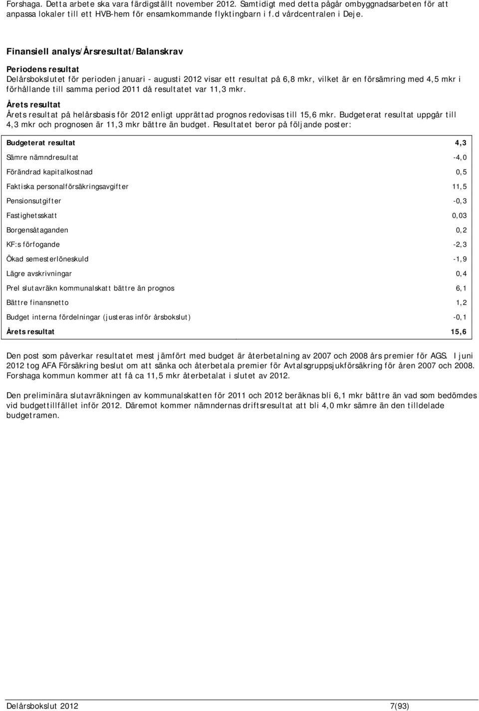 Finansiell analys/årsresultat/balanskrav Periodens resultat Delårsbokslutet för perioden januari - augusti 2012 visar ett resultat på 6,8 mkr, vilket är en försämring med 4,5 mkr i förhållande till