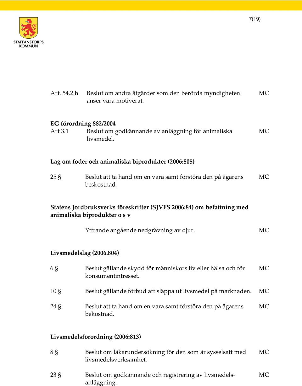 Statens Jordbruksverks föreskrifter (SJVFS 2006:84) om befattning med animaliska biprodukter o s v Yttrande angående nedgrävning av djur. Livsmedelslag (2006.