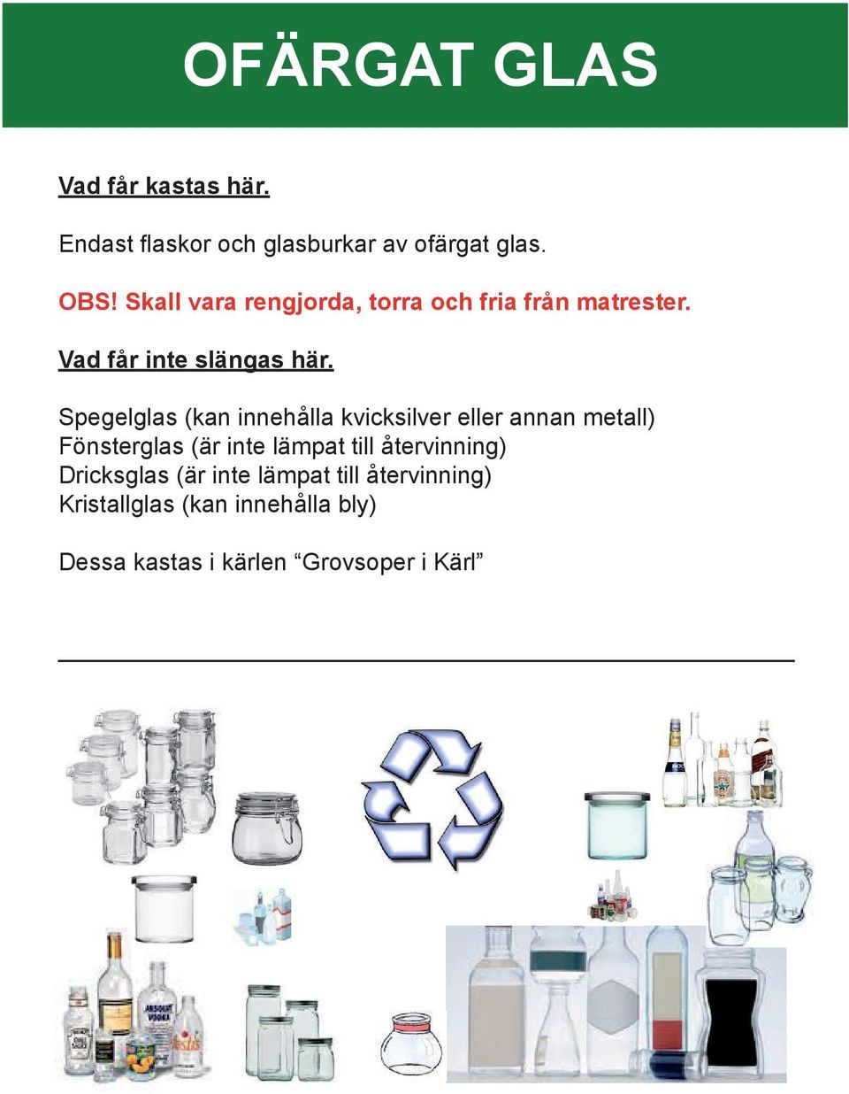 Spegelglas (kan innehålla kvicksilver eller annan metall) Fönsterglas (är inte lämpat till