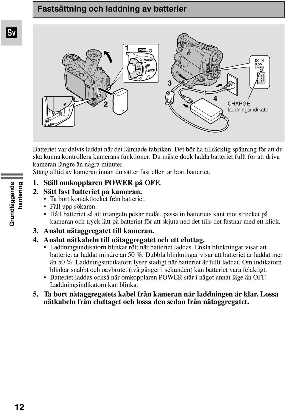 Stäng alltid av kameran innan du sätter fast eller tar bort batteriet. 1. Ställ omkopplaren POWER på OFF. 2. Sätt fast batteriet på kameran. Ta bort kontaktlocket från batteriet. Fäll upp sökaren.