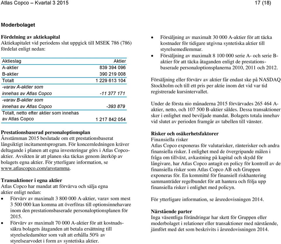 Copco 1 217 842 054 Prestationsbaserad personaloptionsplan Årsstämman beslutade om ett prestationsbaserat långsiktigt incitamentsprogram.