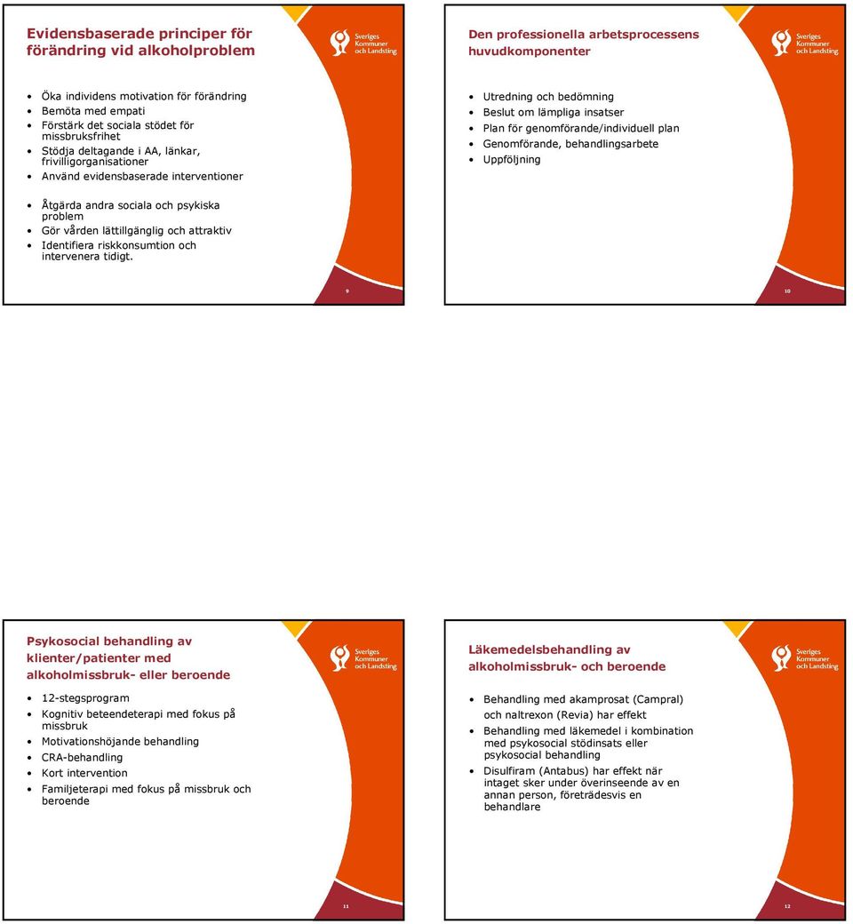 genomförande/individuell plan Genomförande, behandlingsarbete Uppföljning Åtgärda andra sociala och psykiska problem Gör vården lättillgänglig och attraktiv Identifiera riskkonsumtion och intervenera