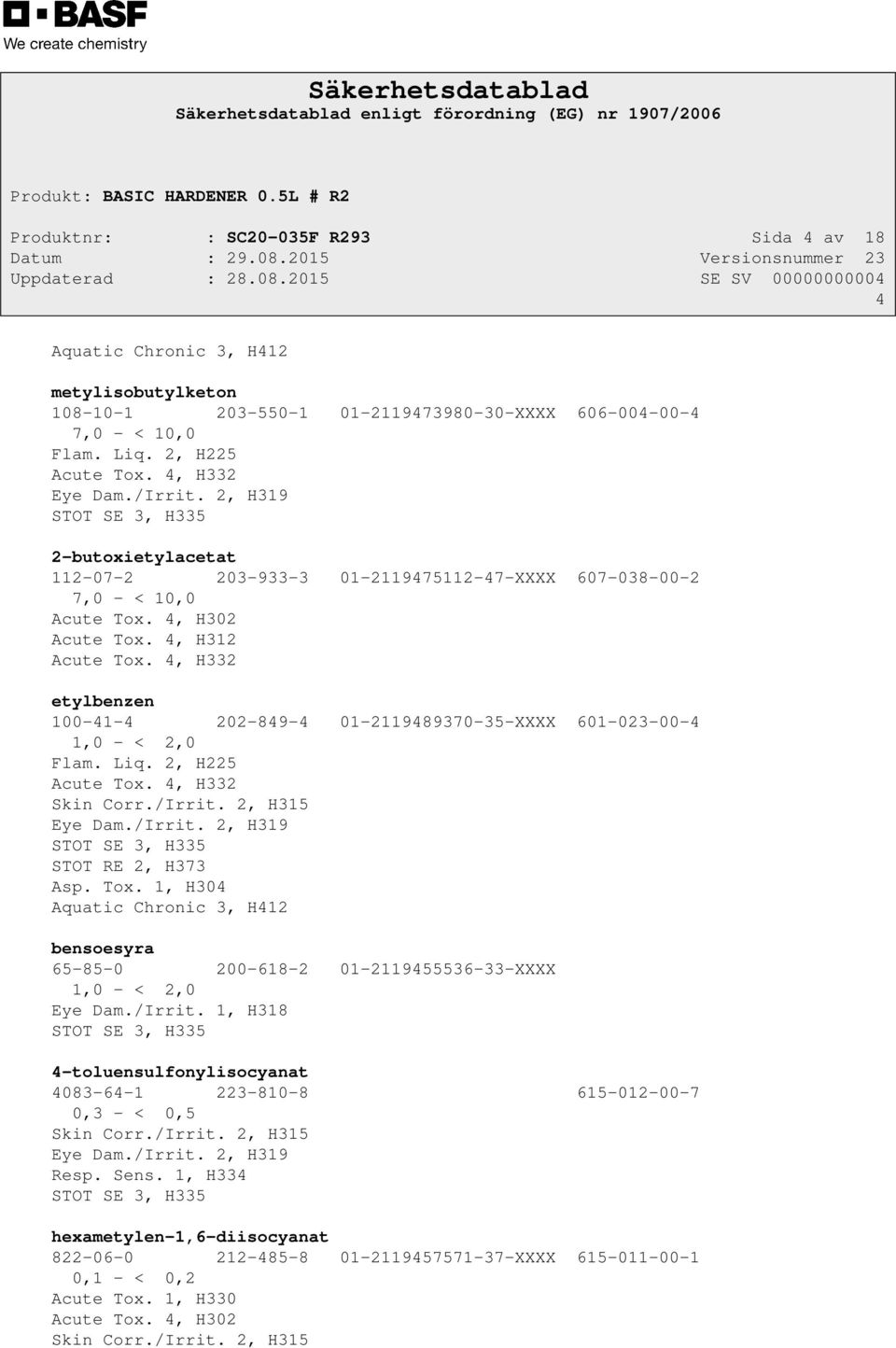 4, H332 etylbenzen 100-41-4 202-849-4 01-2119489370-35-XXXX 601-023-00-4 1,0 - < 2,0 Flam. Liq. 2, H225 Acute Tox. 4, H332 Skin Corr./Irrit. 2, H315 Eye Dam./Irrit. 2, H319 STOT SE 3, H335 STOT RE 2, H373 Asp.