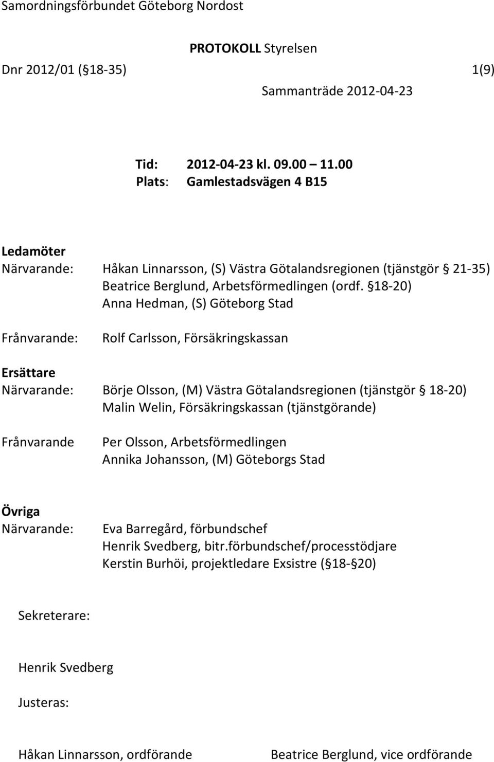 18-20) Anna Hedman, (S) Göteborg Stad Frånvarande: Rolf Carlsson, Försäkringskassan Ersättare Närvarande: Börje Olsson, (M) Västra Götalandsregionen (tjänstgör 18-20) Malin Welin,