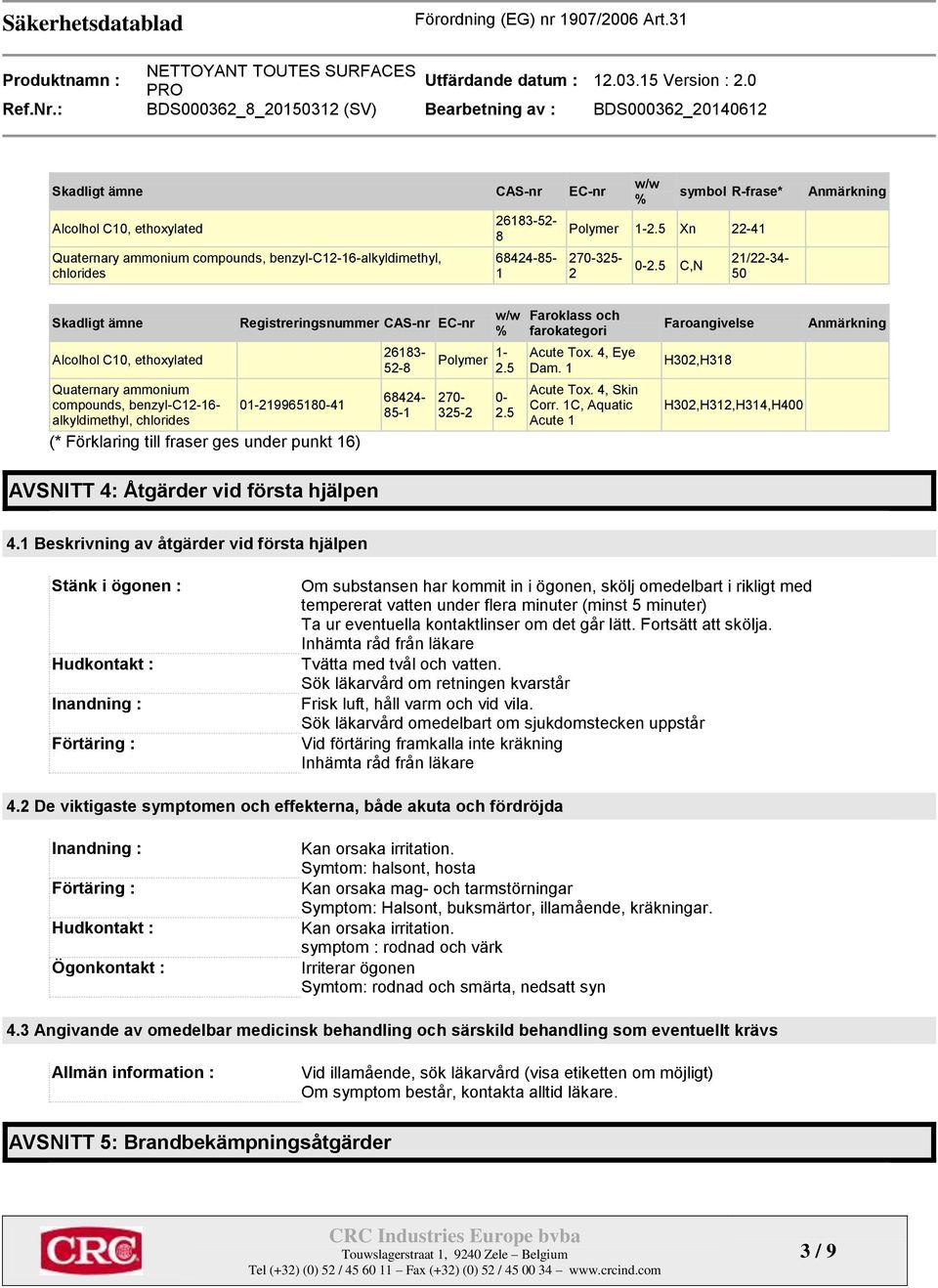 5 C,N 21/22-34- 50 Anmärkning Skadligt ämne Alcolhol C10, ethoxylated Registreringsnummer CAS-nr EC-nr Quaternary ammonium compounds, benzyl-c12-16- 01-219965180-41 alkyldimethyl, chlorides (*