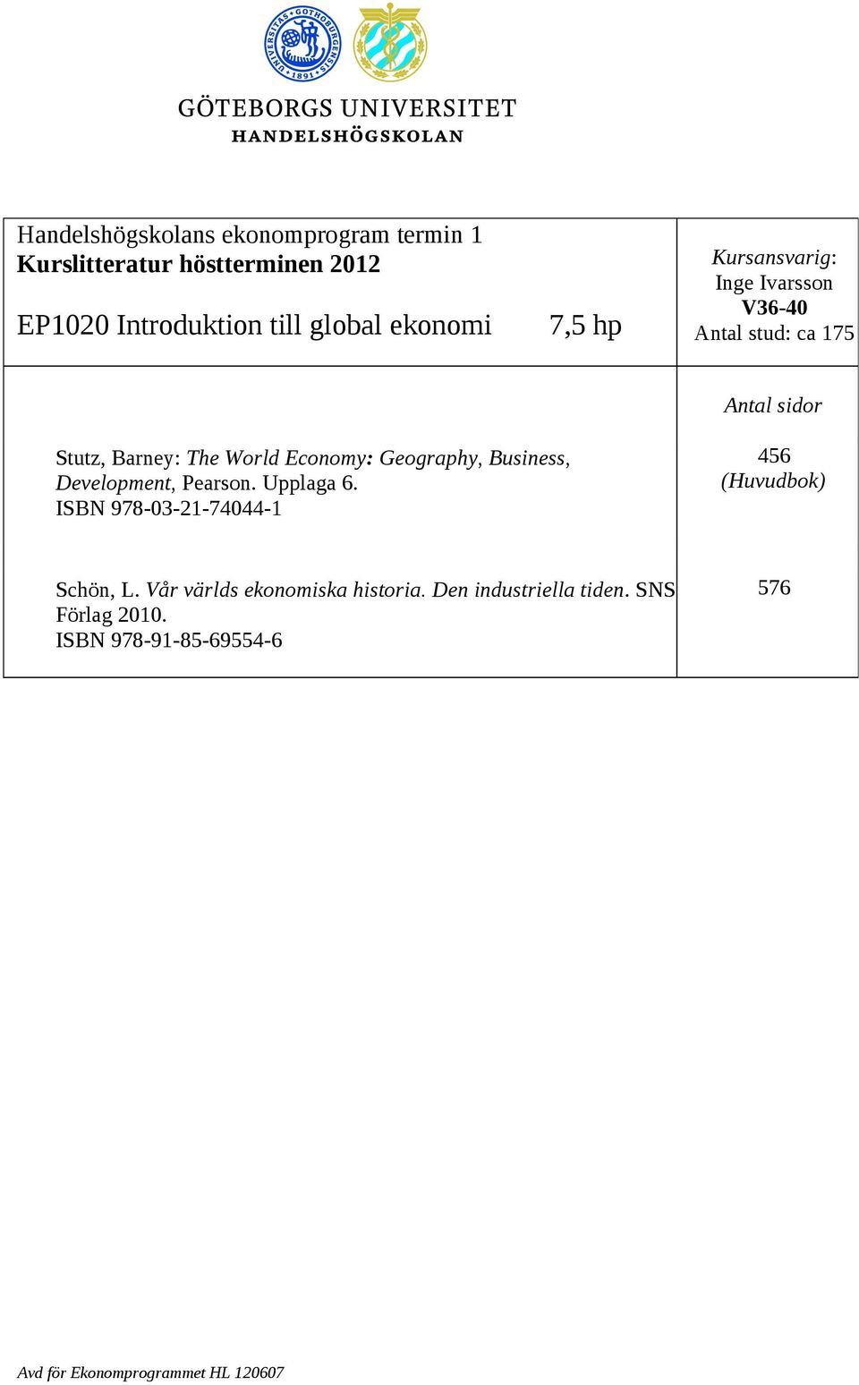 Geography, Business, Development, Pearson. Upplaga 6. ISBN 978-03-21-74044-1 456 (Huvudbok) Schön, L.