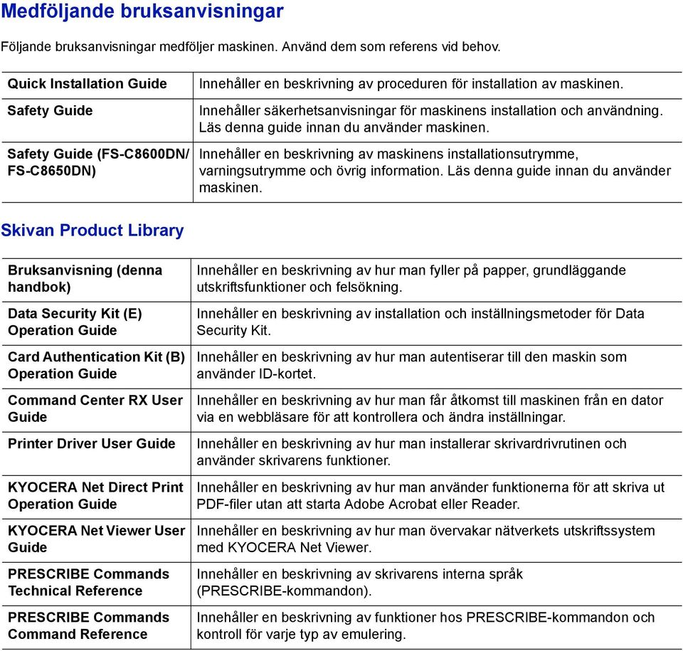 Innehåller säkerhetsanvisningar för maskinens installation och användning. Läs denna guide innan du använder maskinen.