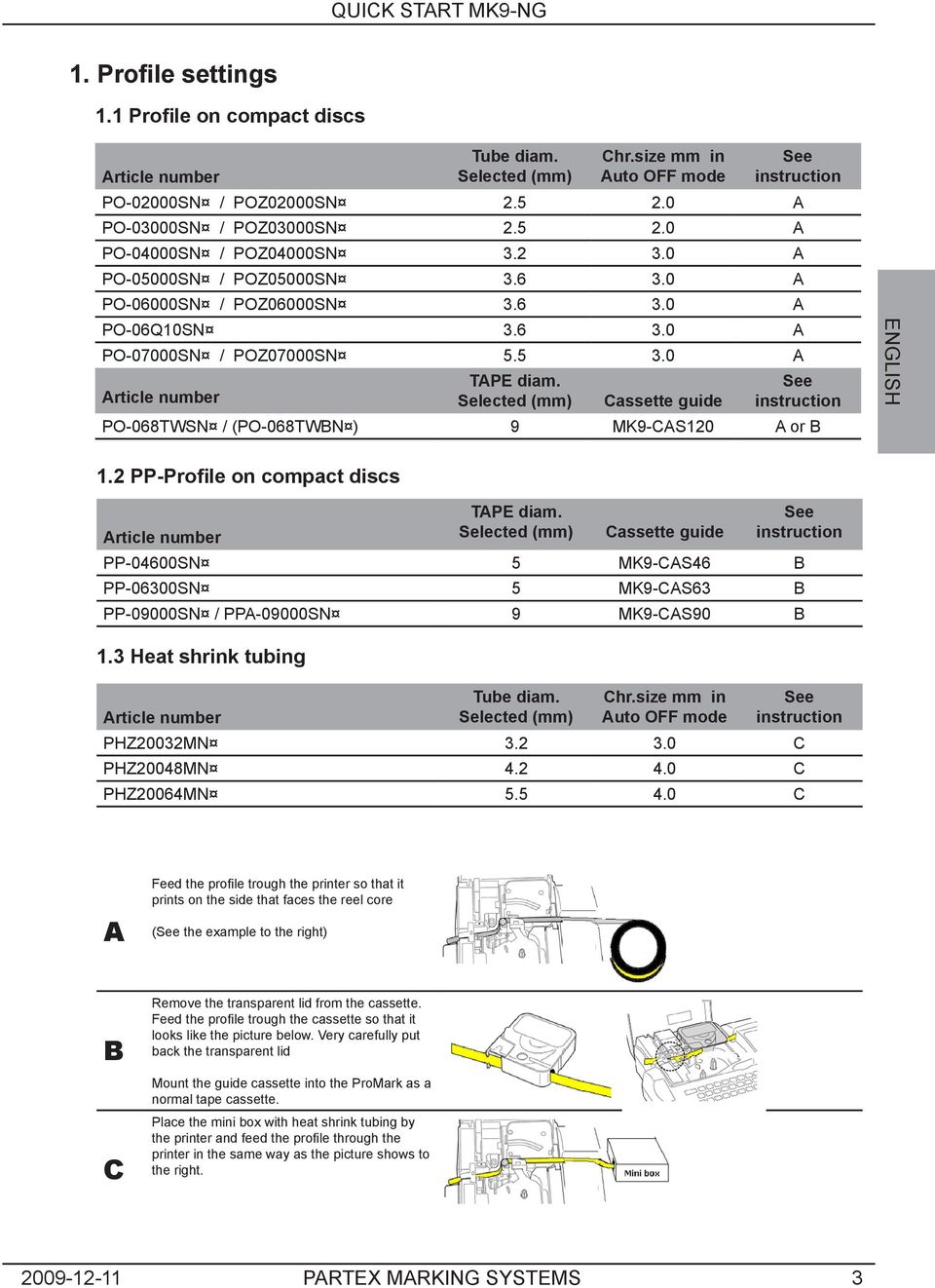 Selected (mm) Cassette guide See instruction PO-068TWSN / (PO-068TWBN ) 9 MK9-CAS120 A or B ENGLISH 1.2 PP-Profile on compact discs Article number TAPE diam.