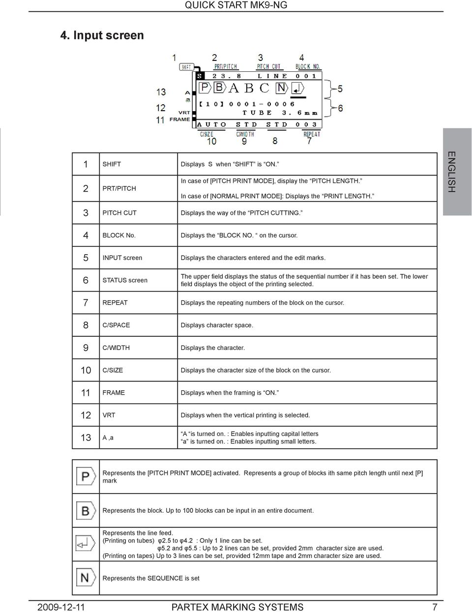 6 STATUS screen The upper field displays the status of the sequential number if it has been set. The lower field displays the object of the printing selected.