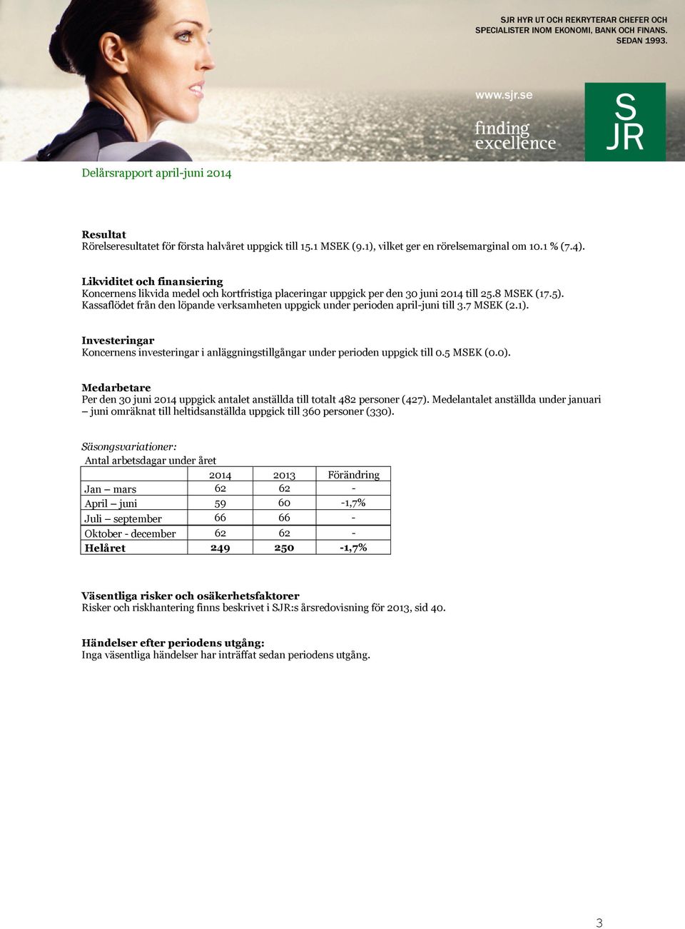 Kassaflödet från den löpande verksamheten uppgick under perioden april-juni till 3.7 MSEK (2.1). Investeringar Koncernens investeringar i anläggningstillgångar under perioden uppgick till 0.5 MSEK (0.