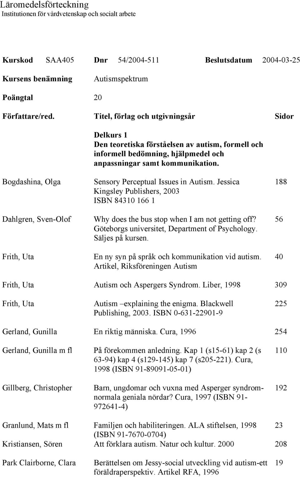 Bogdashina, Olga Dahlgren, Sven-Olof Frith, Uta Sensory Perceptual Issues in Autism. Jessica Kingsley Publishers, 2003 ISBN 84310 166 1 Why does the bus stop when I am not getting off?