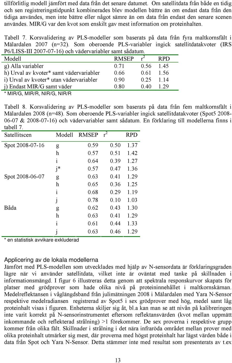 den senare scenen användes. MIR/G var den kvot som enskilt gav mest information om proteinhalten. Tabell 7.