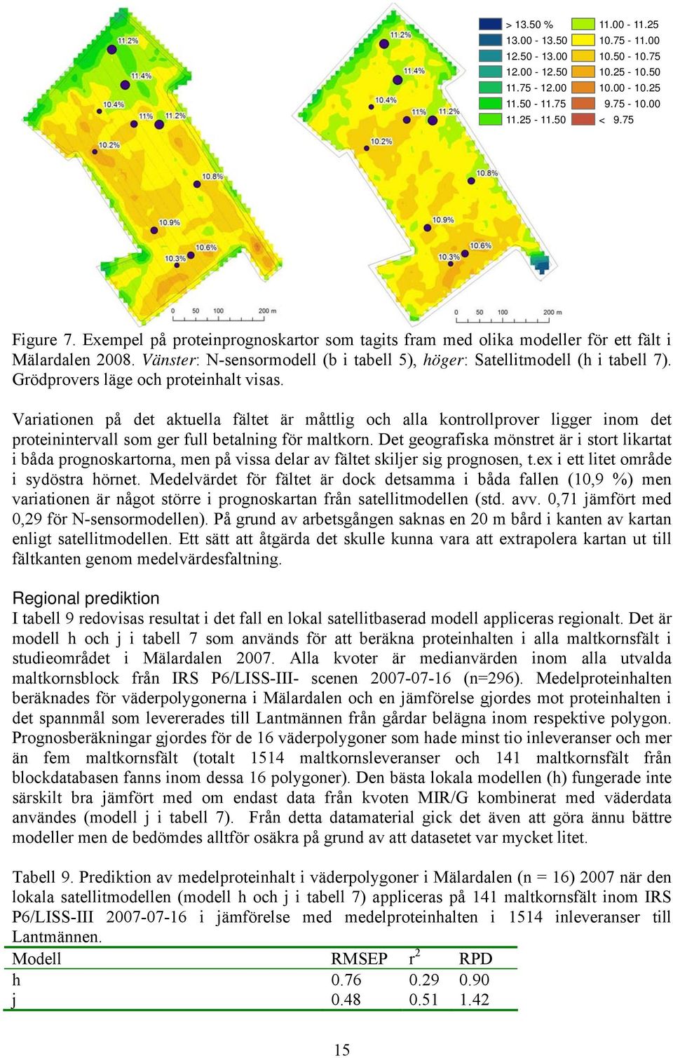 Grödprovers läge och proteinhalt visas. Variationen på det aktuella fältet är måttlig och alla kontrollprover ligger inom det proteinintervall som ger full betalning för maltkorn.