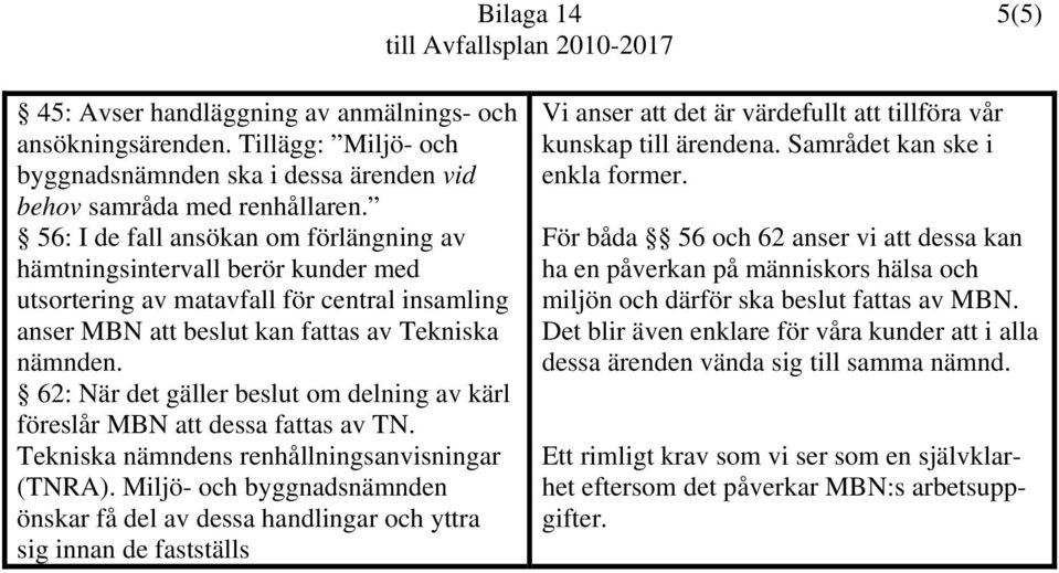 62: När det gäller beslut om delning av kärl föreslår MBN att dessa fattas av TN. Tekniska nämndens renhållningsanvisningar (TNRA).