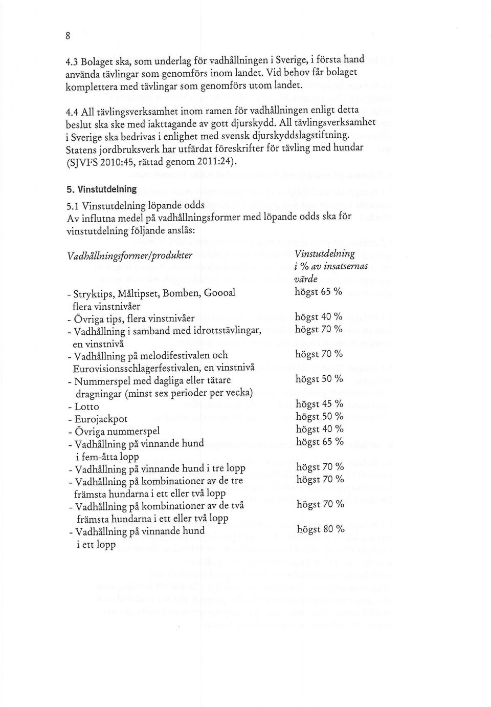 Statens jordbruksverk har utfärdat föreskrifter för tävling med hundar (SJVFS 2010:45, rättad genom 2011:24). 5. Vinstutdelning 5.