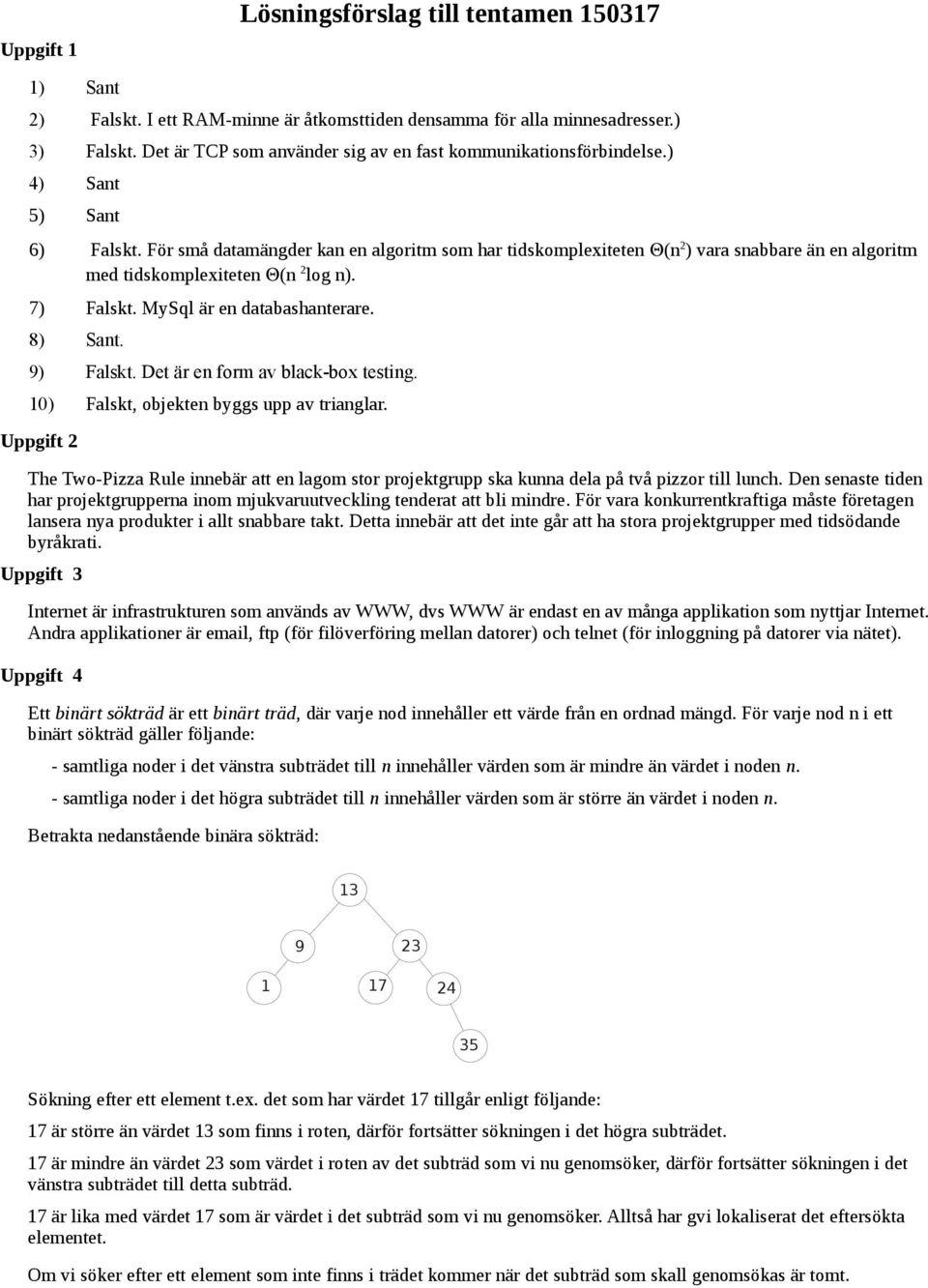 För små datamängder kan en algoritm som har tidskomplexiteten (n 2 ) vara snabbare än en algoritm med tidskomplexiteten (n 2 log n). 7) Falskt. MySql är en databashanterare. 8) Sant. 9) Falskt.