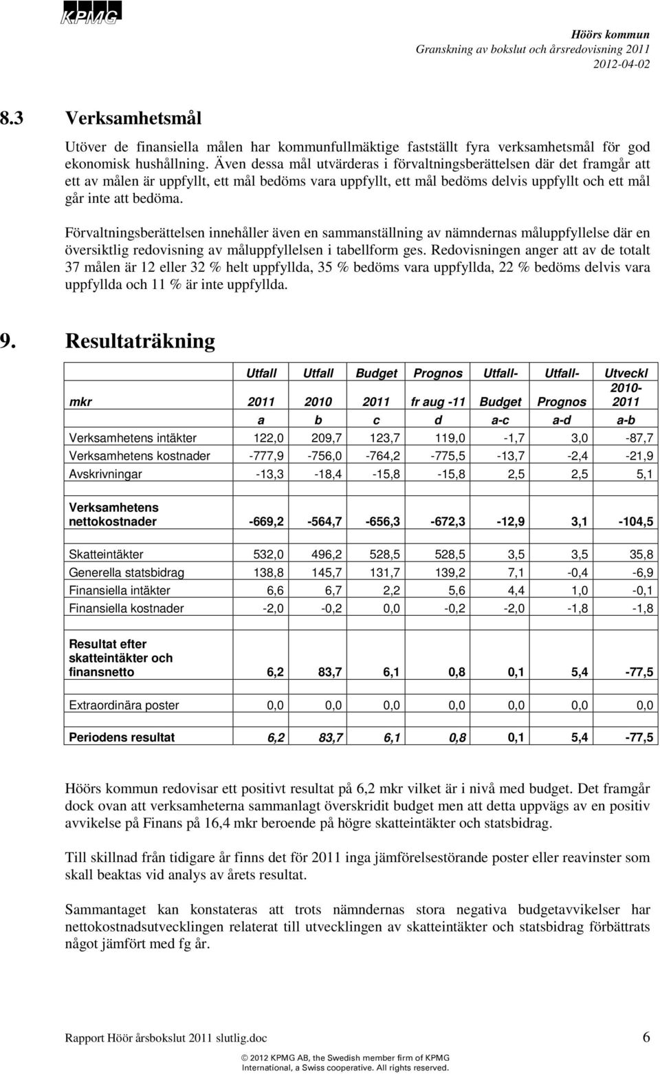 Förvaltningsberättelsen innehåller även en sammanställning av nämndernas måluppfyllelse där en översiktlig redovisning av måluppfyllelsen i tabellform ges.