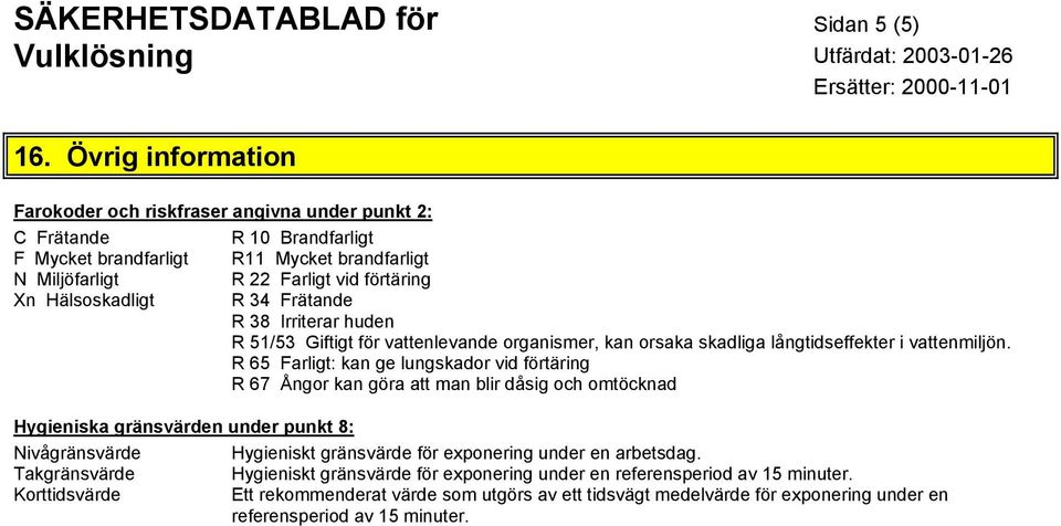 R 34 Frätande R 38 Irriterar huden R 51/53 Giftigt för vattenlevande organismer, kan orsaka skadliga långtidseffekter i vattenmiljön.