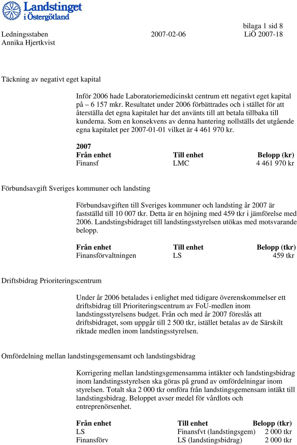 Som en konsekvens av denna hantering nollställs det utgående egna kapitalet per 2007-01-01 vilket är 4 461 970 kr.