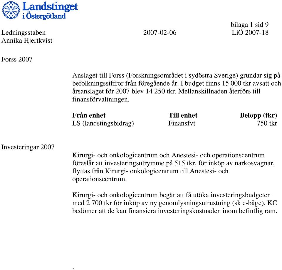 LS (landstingsbidrag) Finansfvt 750 tkr Investeringar 2007 Kirurgi- och onkologicentrum och Anestesi- och operationscentrum föreslår att investeringsutrymme på 515 tkr, för inköp av