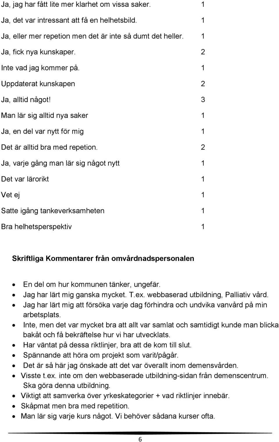 2 Ja, varje gång man lär sig något nytt 1 Det var lärorikt 1 Vet ej 1 Satte igång tankeverksamheten 1 Bra helhetsperspektiv 1 Skriftliga Kommentarer från omvårdnadspersonalen En del om hur kommunen