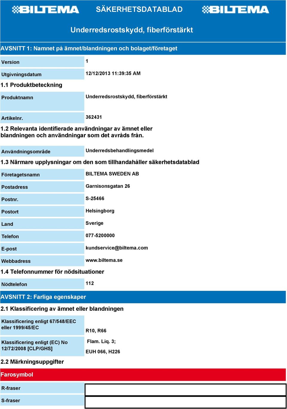 Användningsområde Underredsbehandlingsmedel 1.3 Närmare upplysningar om den som tillhandahåller säkerhetsdatablad Företagetsnamn BILTEMA SWEDEN AB Postadress Garnisonsgatan 26 Postnr.